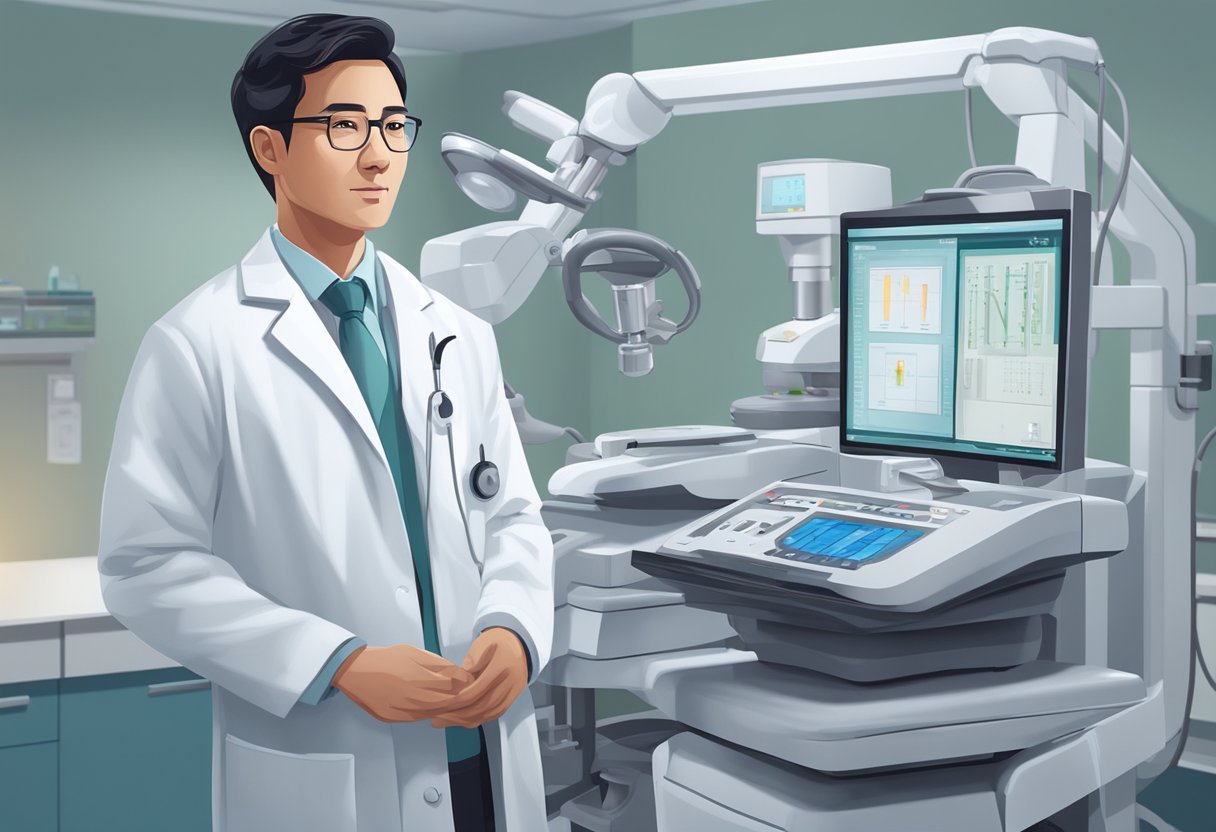 A cardiologist in a white lab coat stands next to a modern medical equipment in a well-lit hospital room in Singapore
