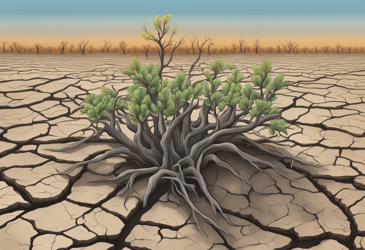 A withered plant wilting in cracked soil, surrounded by parched earth and barren trees
