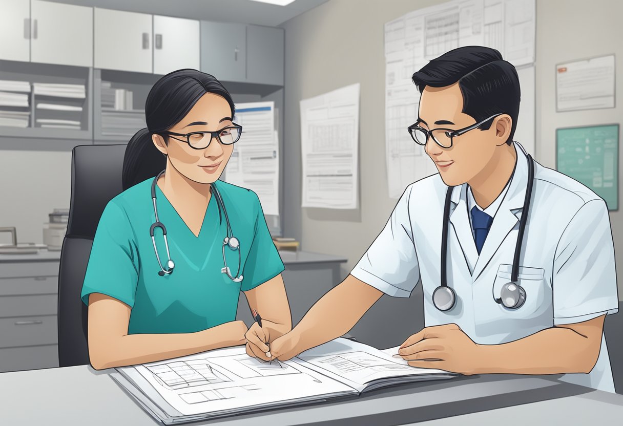 A cardiologist at NUH Singapore reviews patient charts and consults with medical staff