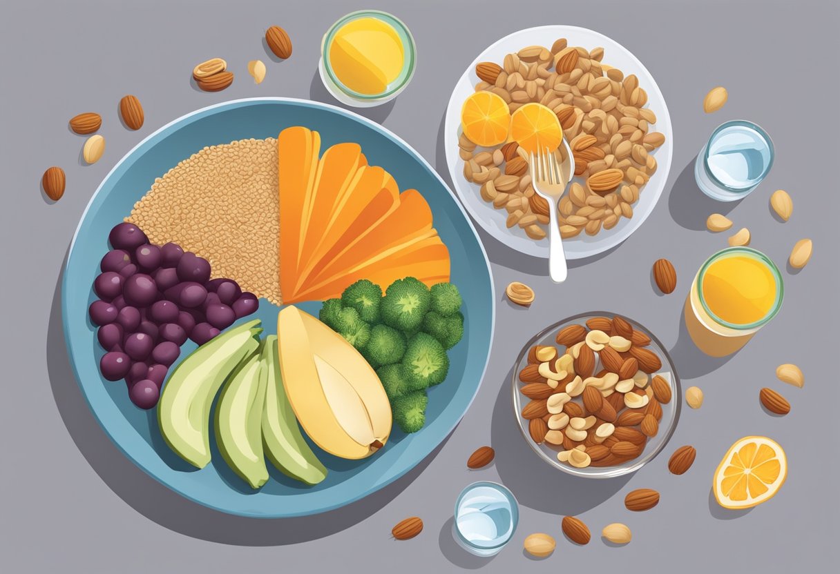 A colorful plate with lean proteins, whole grains, fruits, and vegetables, surrounded by a glass of water and a handful of nuts