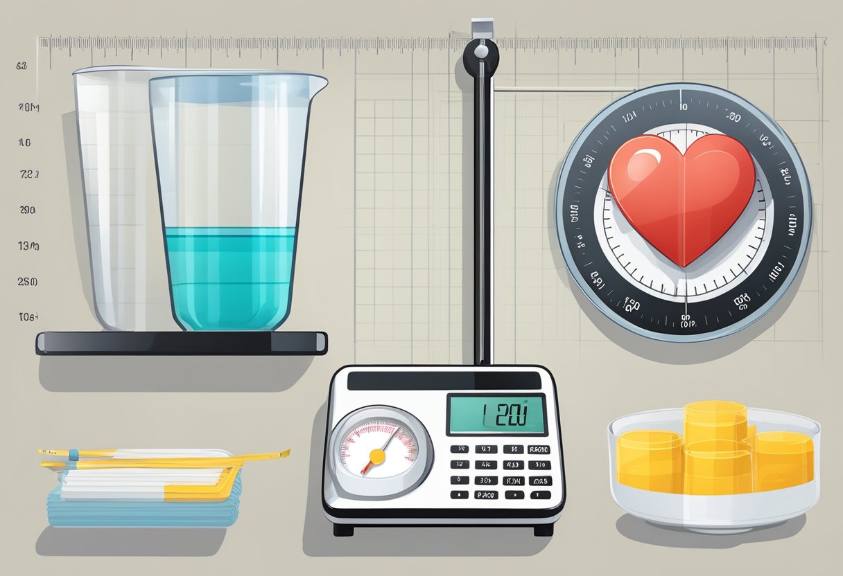 A scale with a heart failure patient's chart, a cup for urine collection, and a measuring tape for waist circumference