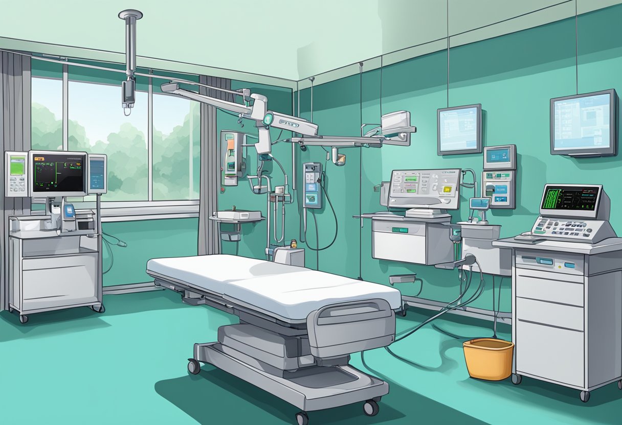 A hospital room with medical equipment, a heart monitor beeping steadily, and a dialysis machine running in the background
