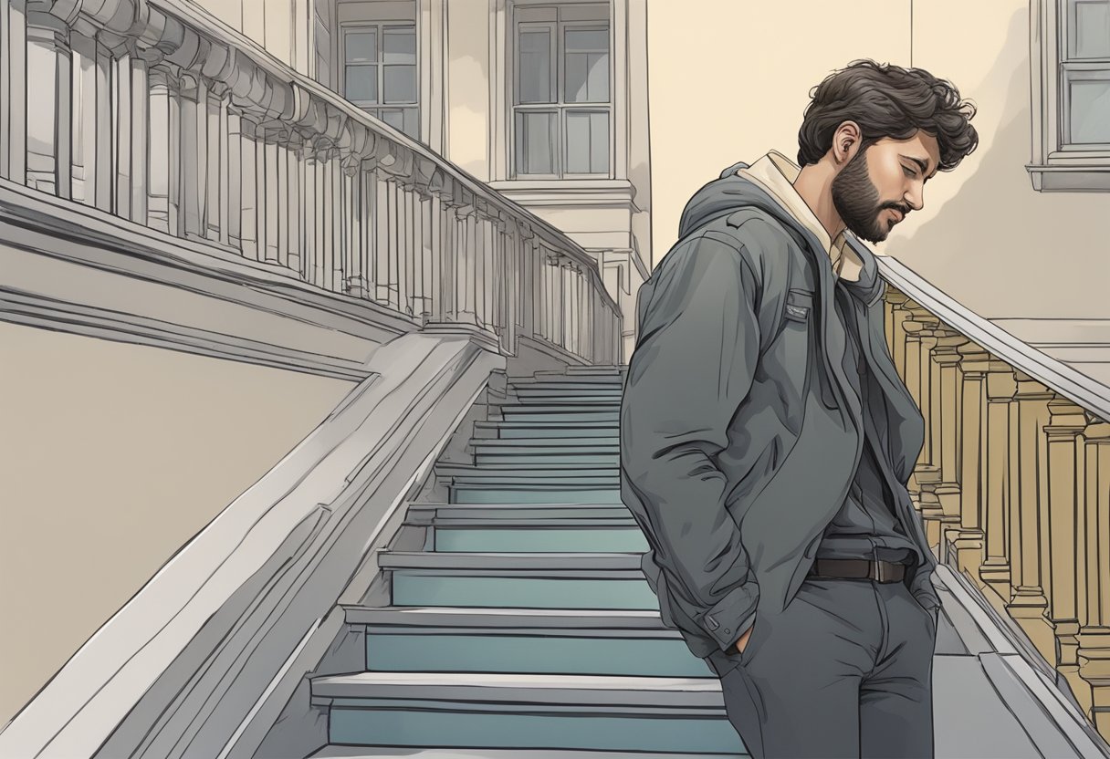 A figure gasps, hand clutching chest, atop stairs