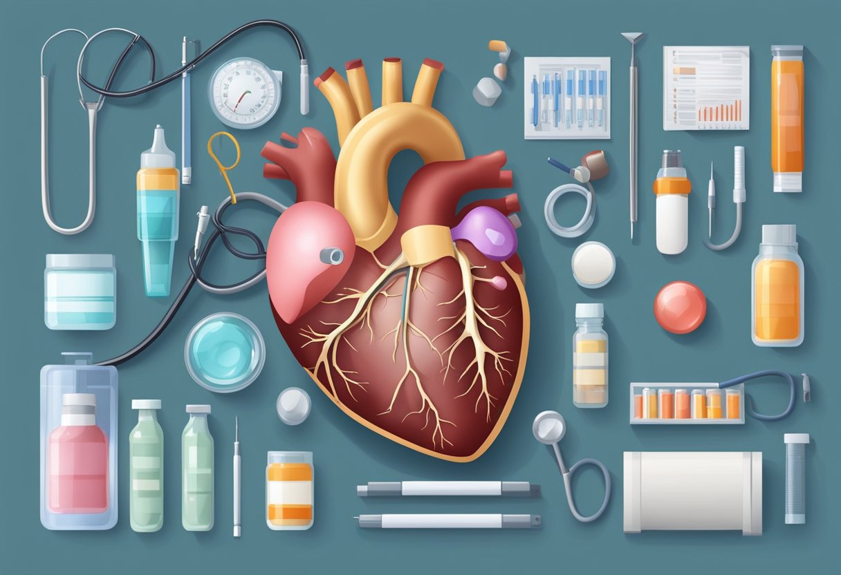 A heart with a visible fistula, surrounded by medical equipment and medications for treatment and management