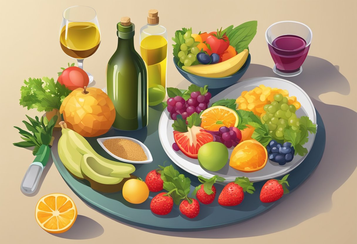 A table with colorful fruits, vegetables, whole grains, and lean proteins. A heart-shaped plate filled with nutritious foods. A glass of water and a bottle of olive oil on the side