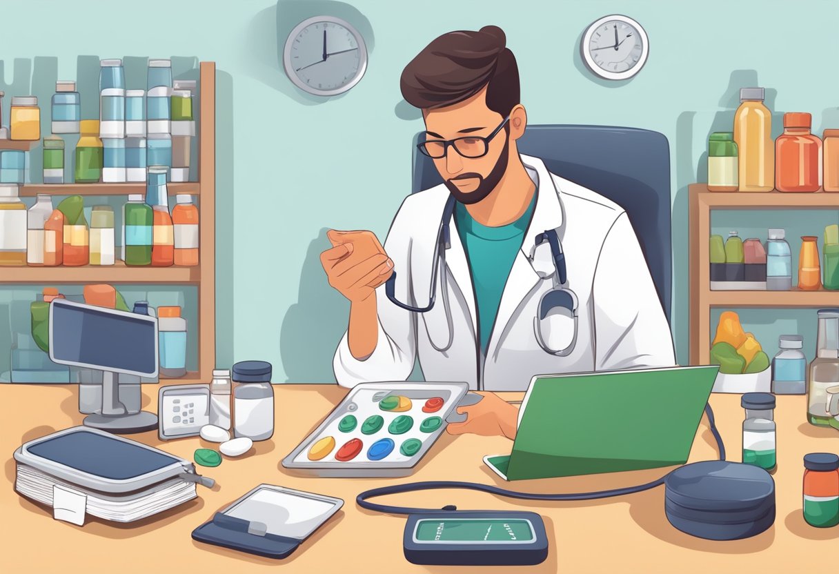 A person monitoring their weight, taking medication, and following a healthy lifestyle to manage heart failure