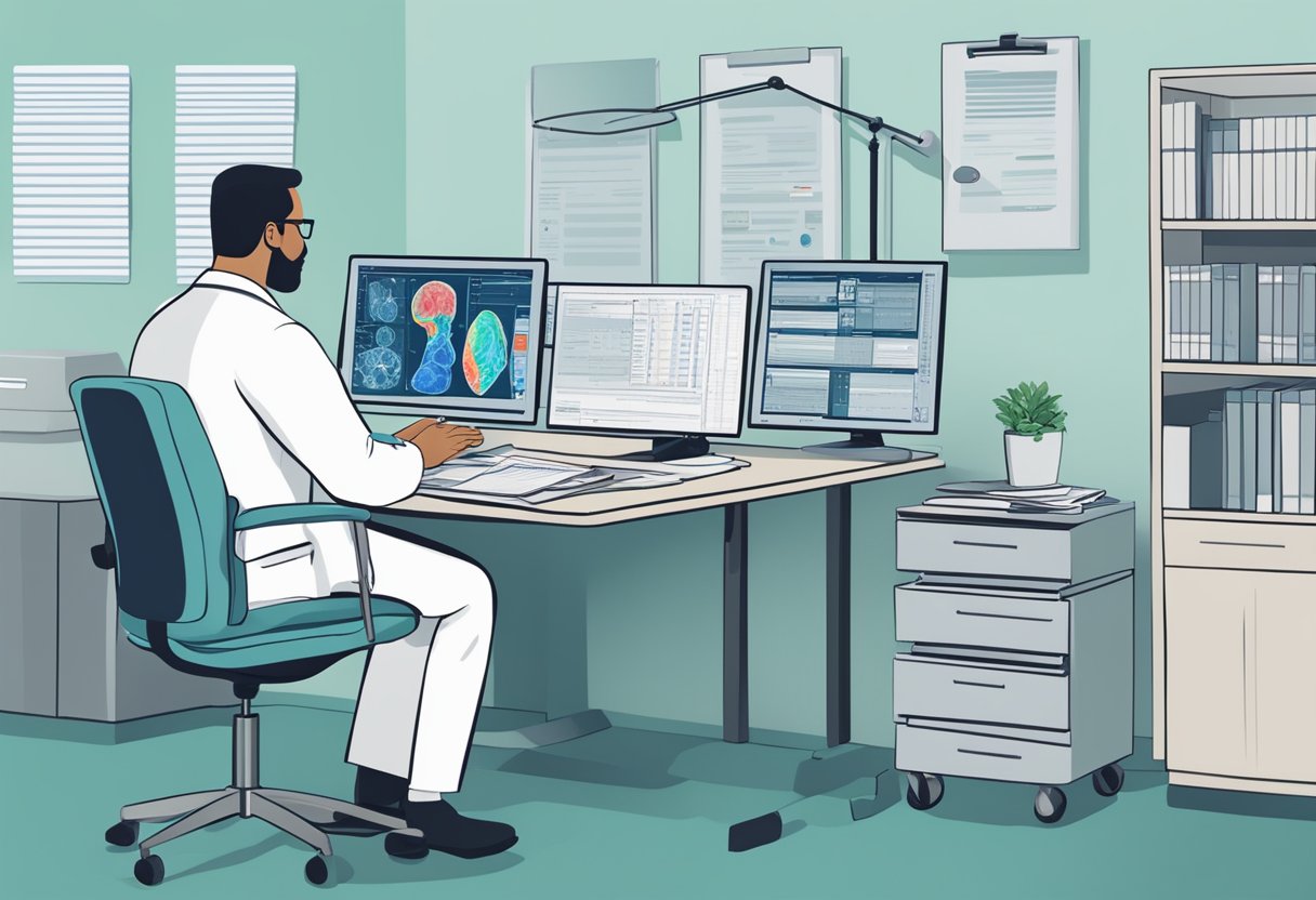 A cardiologist reviewing imaging scans and completing CCI credentialing paperwork
