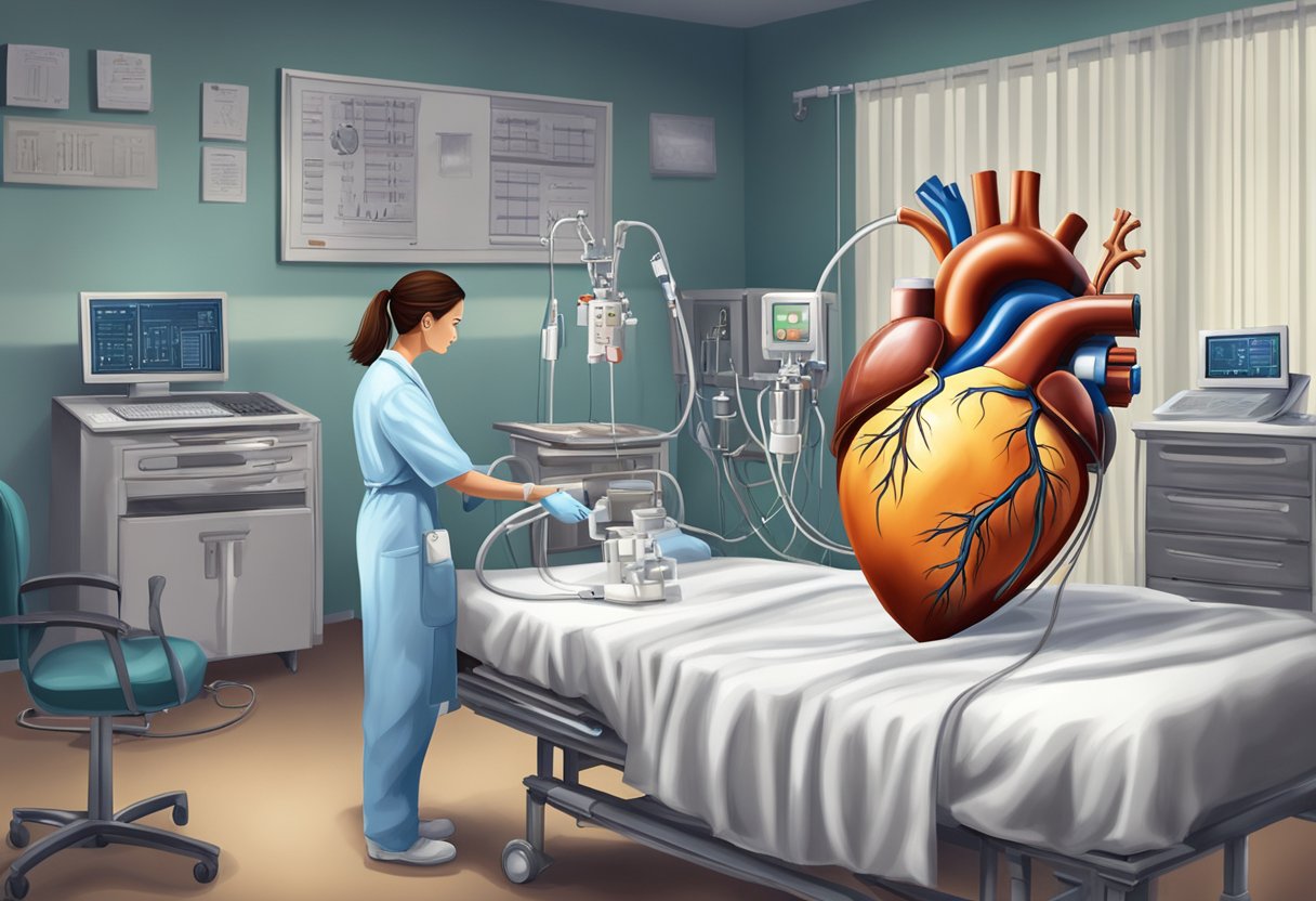 A heart and kidney failure prognosis: a heart-shaped organ and a kidney-shaped organ, both with cracks and tears, surrounded by medical equipment and a somber atmosphere