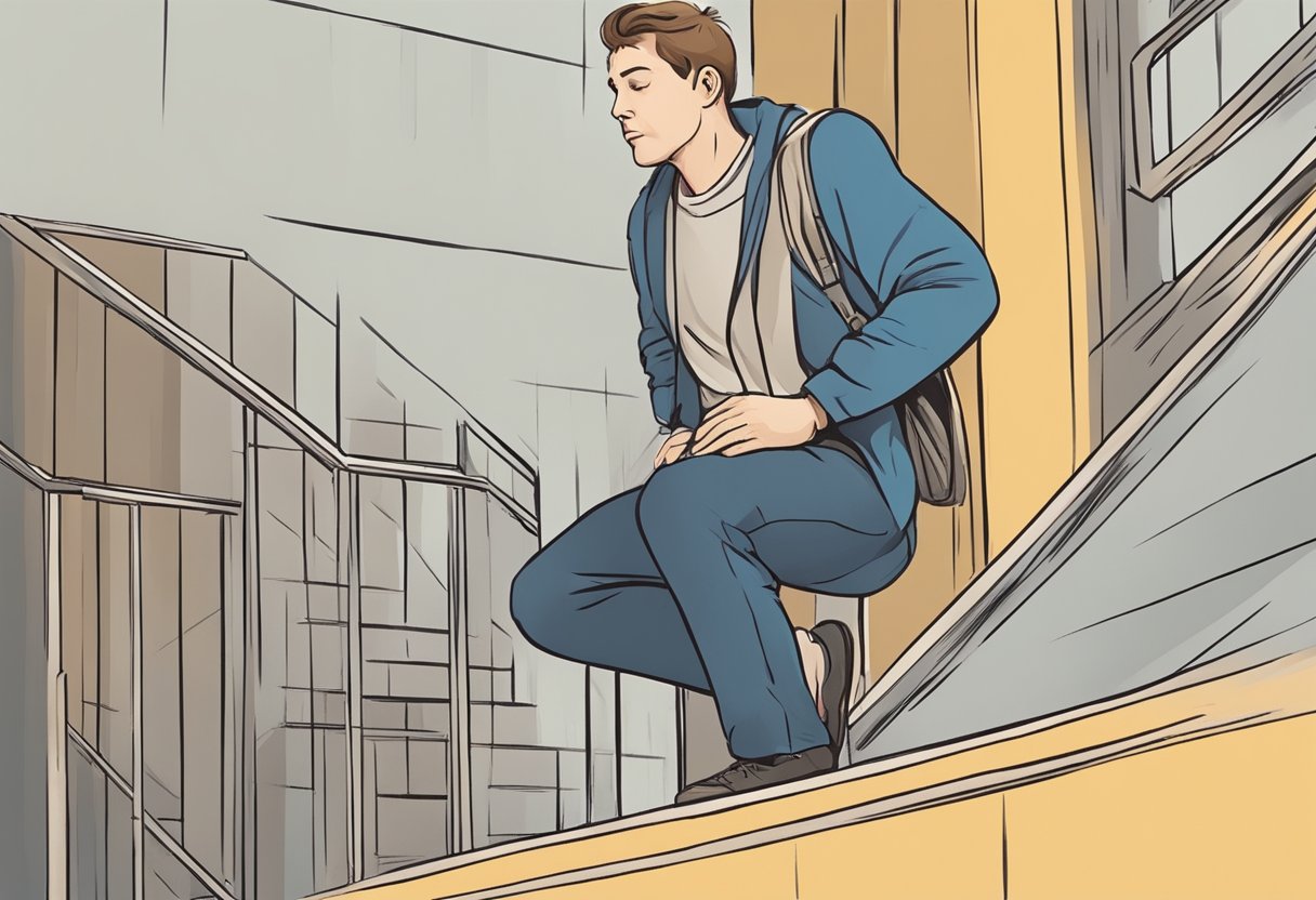 Person climbing stairs, suddenly clutches chest in pain, heart palpitations