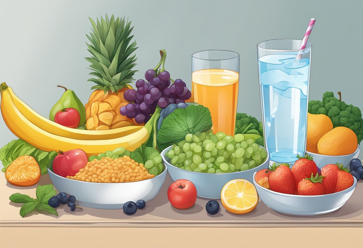 A colorful array of fruits, vegetables, whole grains, and lean proteins arranged on a plate, with a glass of water alongside