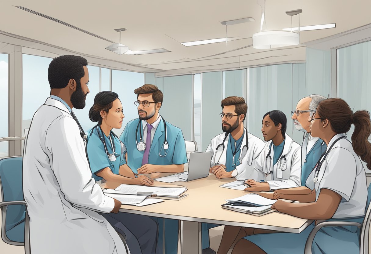 A group of cardiologists discussing cases in a hospital conference room at Mount Alvernia