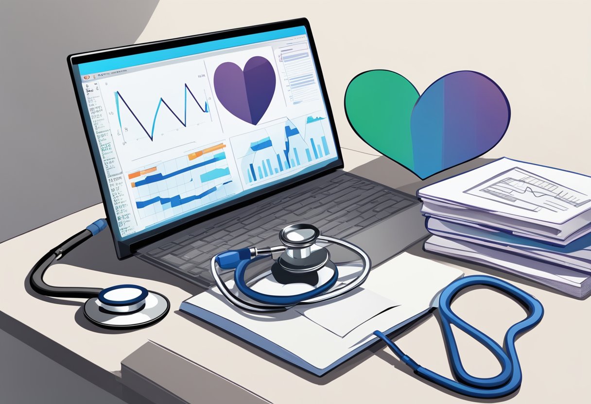 A stethoscope hangs around a white coat pocket, next to a stack of textbooks and a computer displaying a heart monitor graph