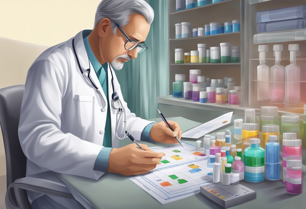 A doctor carefully monitors charts and adjusts medications for heart and kidney failure patients