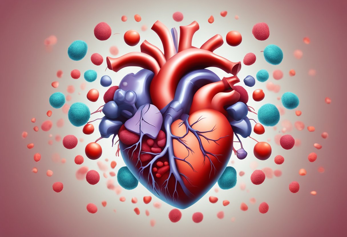 A heart-shaped organ surrounded by red blood cells, with one cell appearing weak and pale, while the others are vibrant and healthy