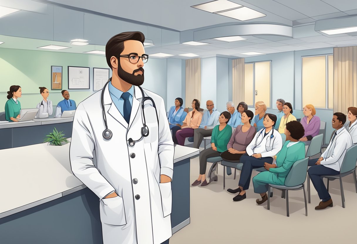 A cardiologist answering common questions in a clinic setting. Patients waiting in the background