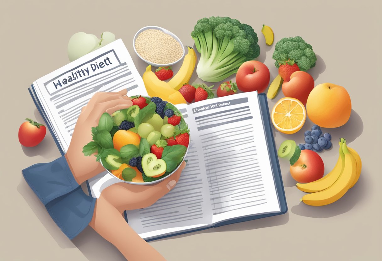 A heart patient reading a pamphlet on a healthy diet plan, with fruits, vegetables, and whole grains displayed