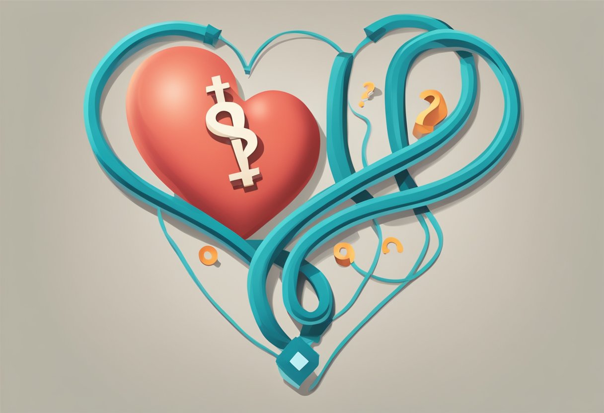 A heart and kidney symbol intertwined, with a question mark hovering above, representing uncertainty in prognosis
