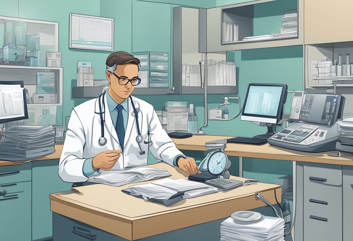 A cardiologist answering questions in a hospital setting, surrounded by medical equipment and pamphlets