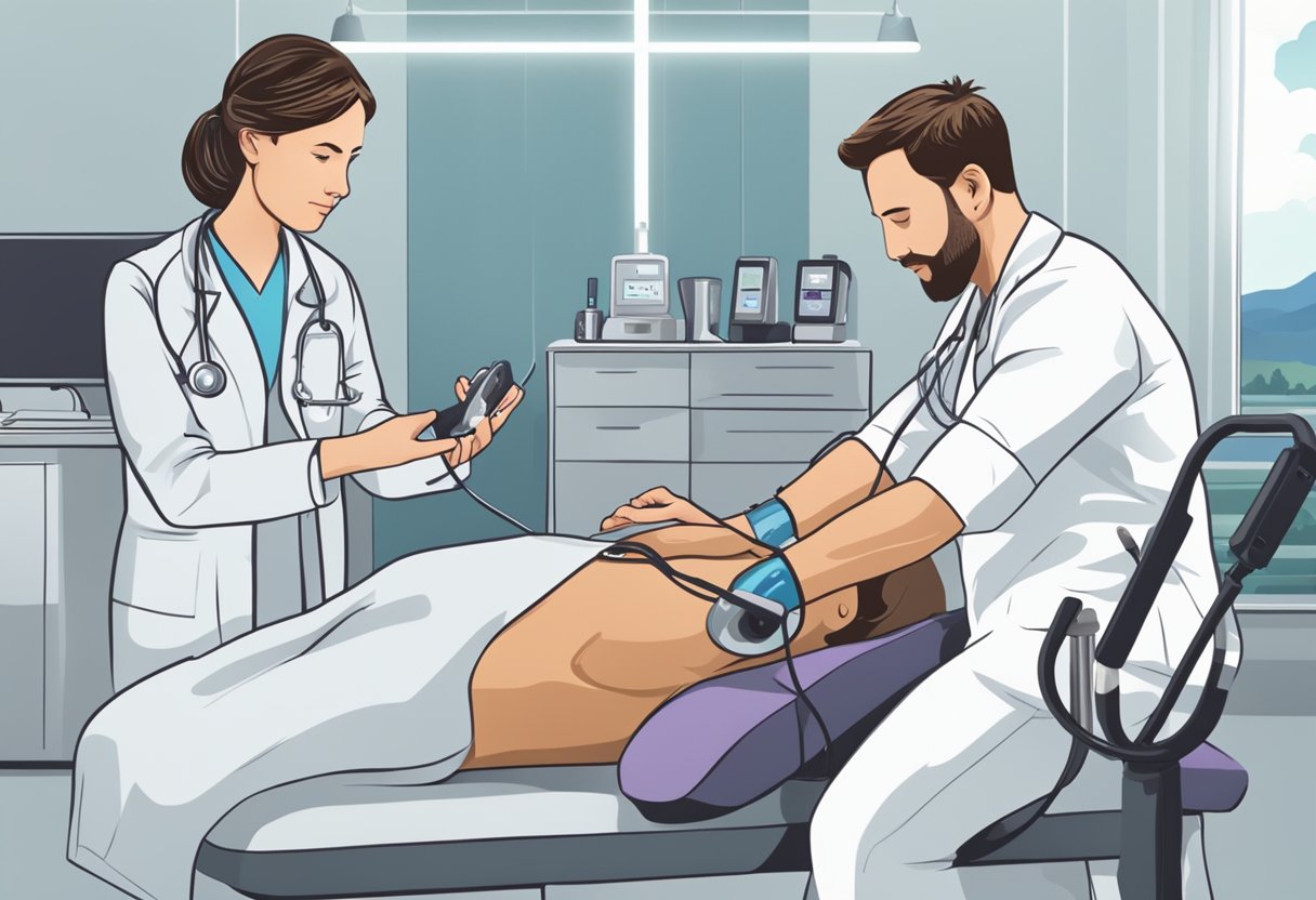 A doctor administering iron supplements to a patient, with a heart monitor showing stable readings in the background
