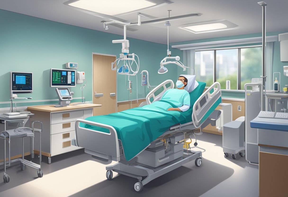 A hospital room with medical equipment, a patient's bed, and concerned medical staff attending to a person experiencing acute heart failure syndrome