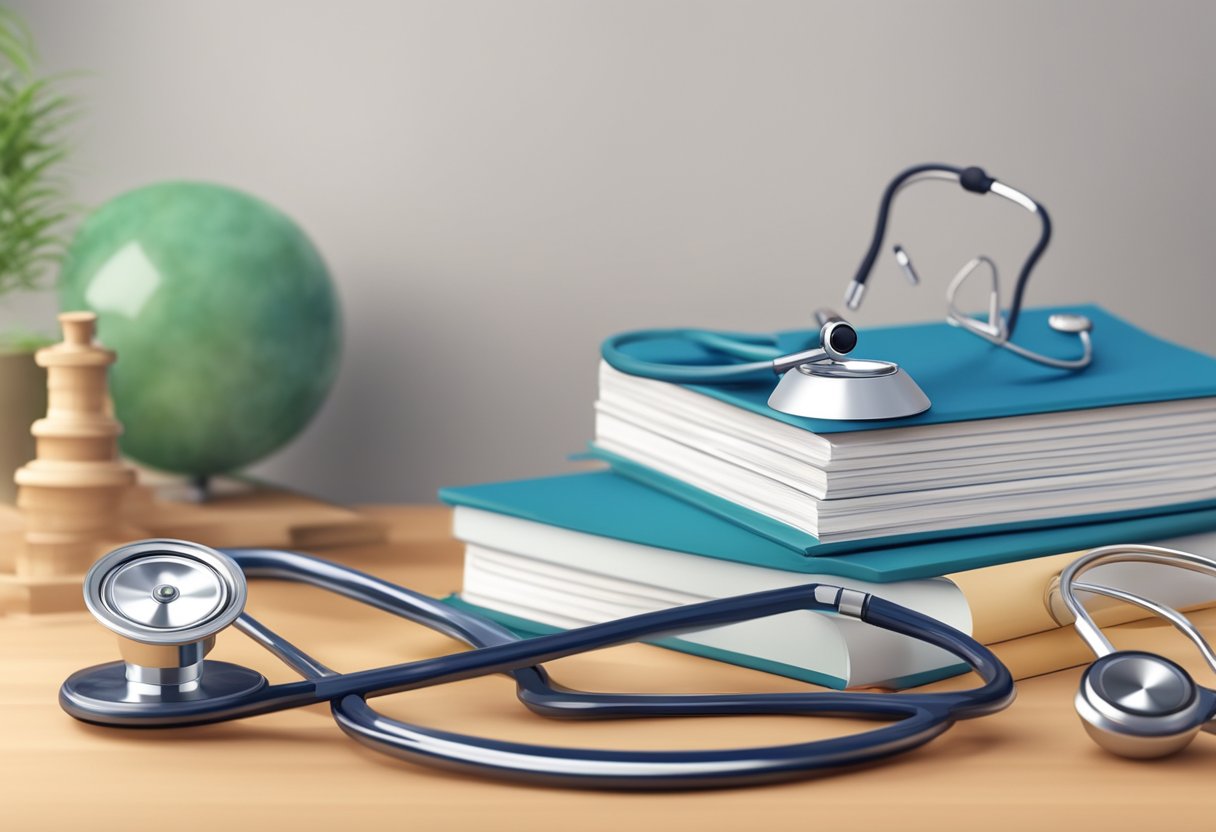 A stethoscope rests on a cluttered desk, next to a stack of medical textbooks and a heart model. The room is filled with the hum of medical equipment