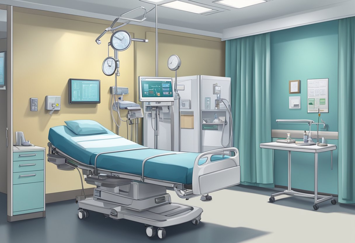 A hospital room with medical equipment, a patient's bed, and a doctor or nurse attending to a person experiencing acute heart failure syndrome