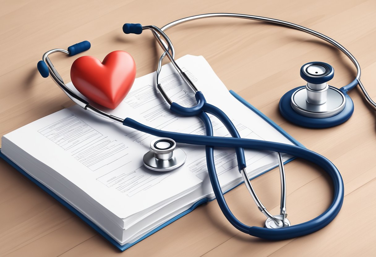 A stethoscope rests on a desk next to a stack of medical textbooks and a heart model, symbolizing the journey to becoming a cardiologist