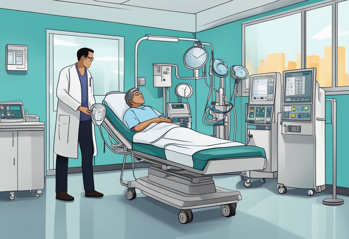 A patient with acute heart failure receives oxygen, diuretics, and vasodilators in a hospital setting