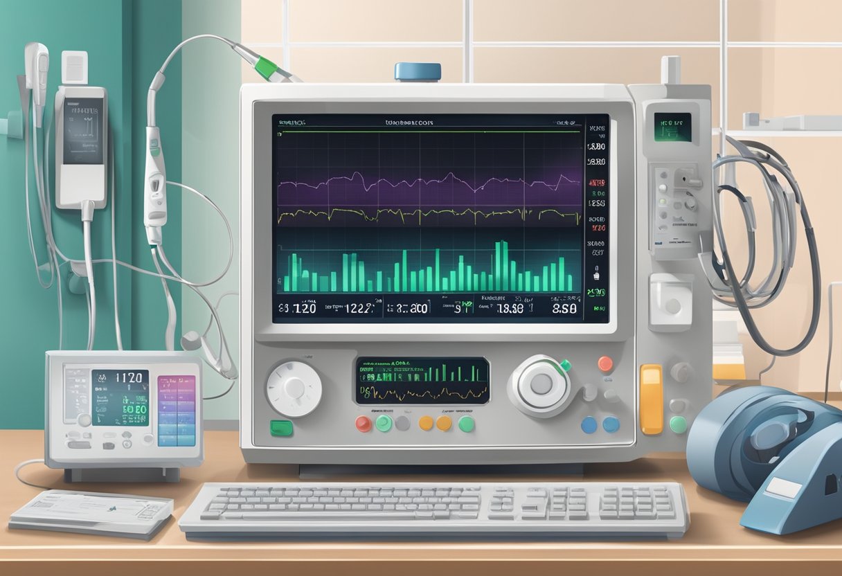 A heart monitor beeping steadily in a hospital room, surrounded by medical equipment and a chart showing the statistics of life expectancy after two heart attacks