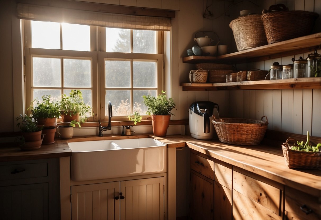 A cozy laundry room with wooden shelves, a farmhouse sink, and vintage appliances. Sunlight streams in through a small window, casting a warm glow over the rustic decor