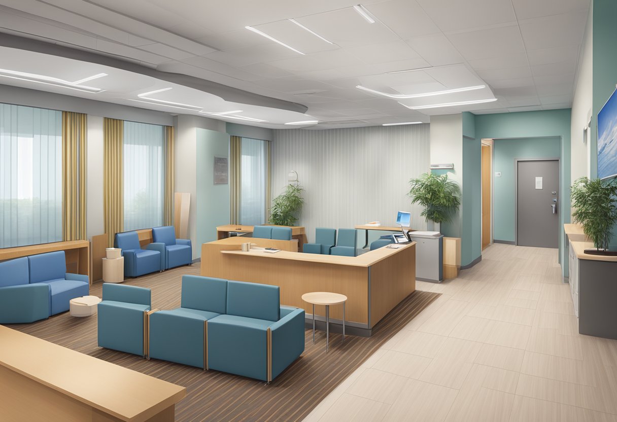 A waiting room with brochures, posters, and a reception desk at the KTPh cardiology clinic