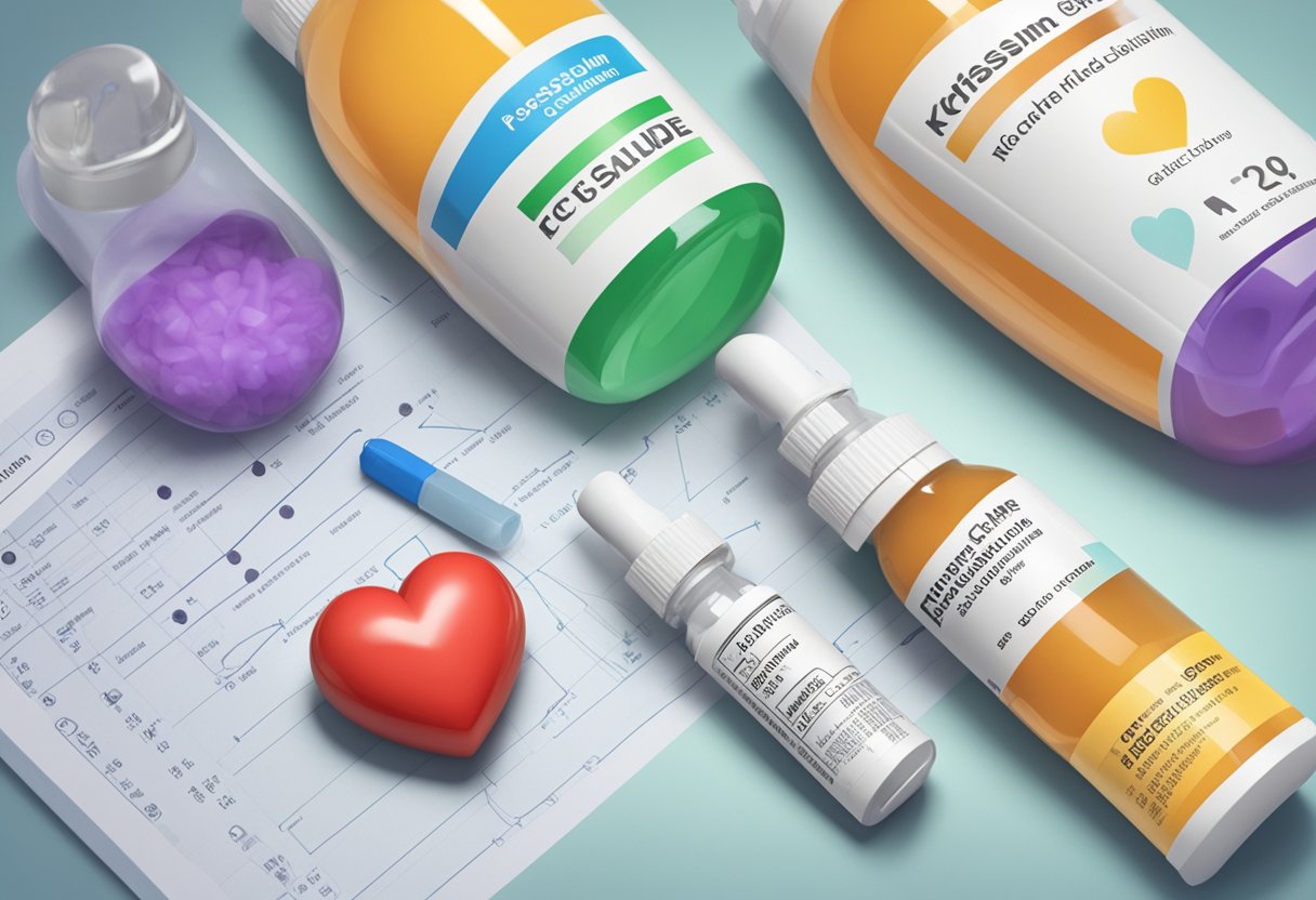 A bottle of potassium chloride sits next to heart failure medication, with a heart-shaped diagram in the background