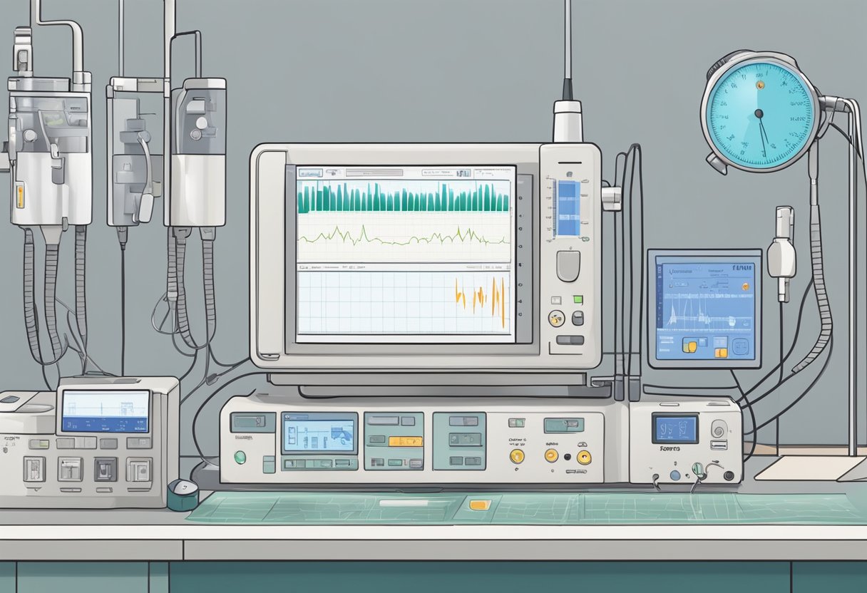 A fetal heart monitor displays a flat line, surrounded by medical equipment and concerned medical staff