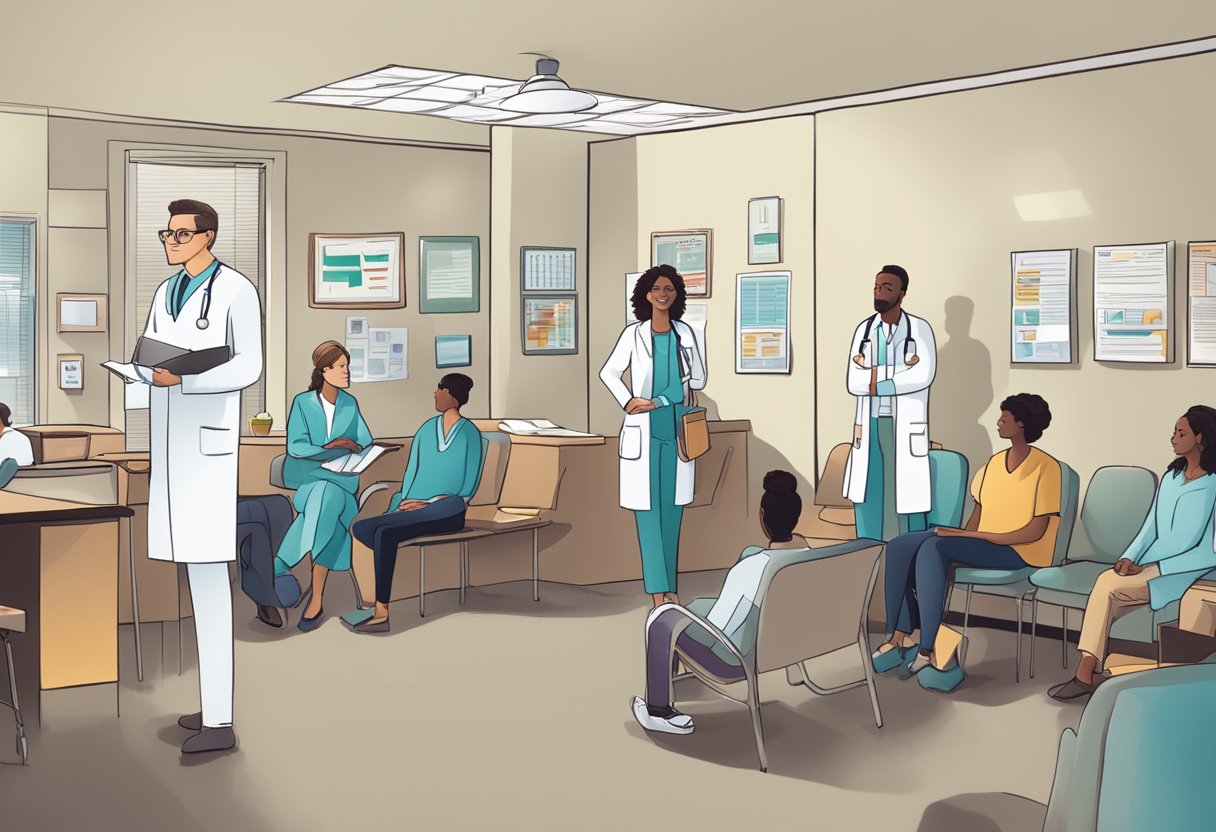 A busy doctor's office with a waiting room full of patients, medical charts, and a sign that reads "Frequently Asked Questions: Is it hard to be a cardiologist?"