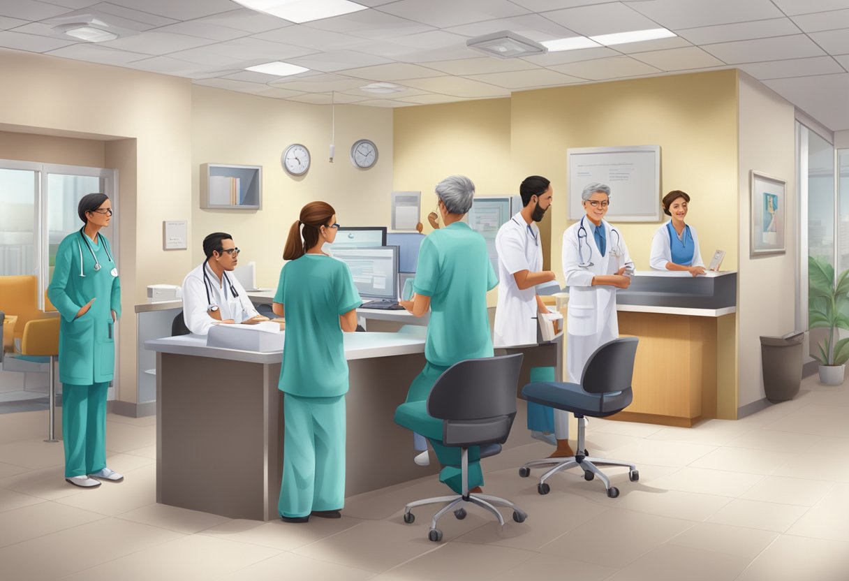 A busy cardiology clinic with patients waiting, receptionist at desk, and doctors consulting