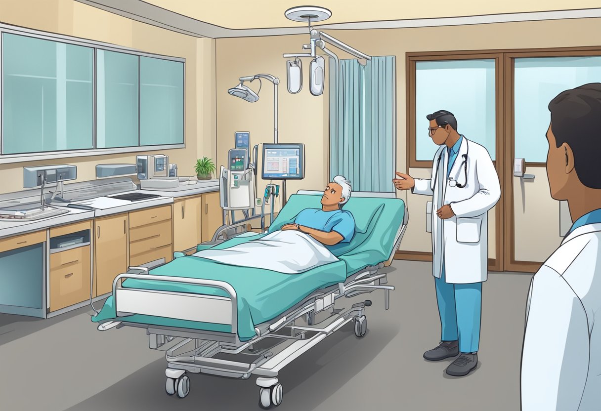 A hospital room with medical equipment, a patient's chart, and a doctor explaining acute heart failure syndrome to concerned family members