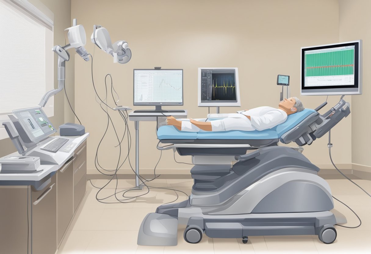 A heart test echocardiogram in progress, with the ultrasound machine and the patient's chest area visible
