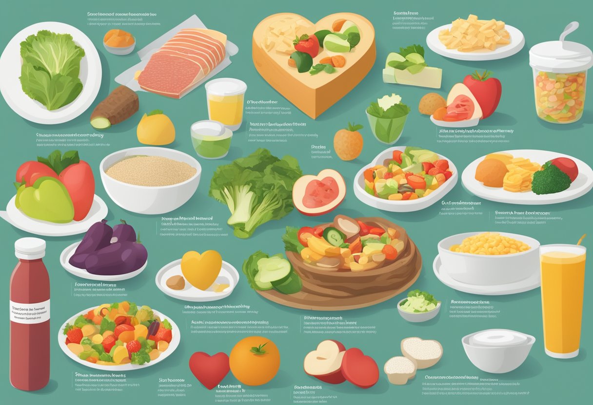 A table displaying heart-healthy foods and low-sodium options, alongside a list of lifestyle recommendations for heart failure patients