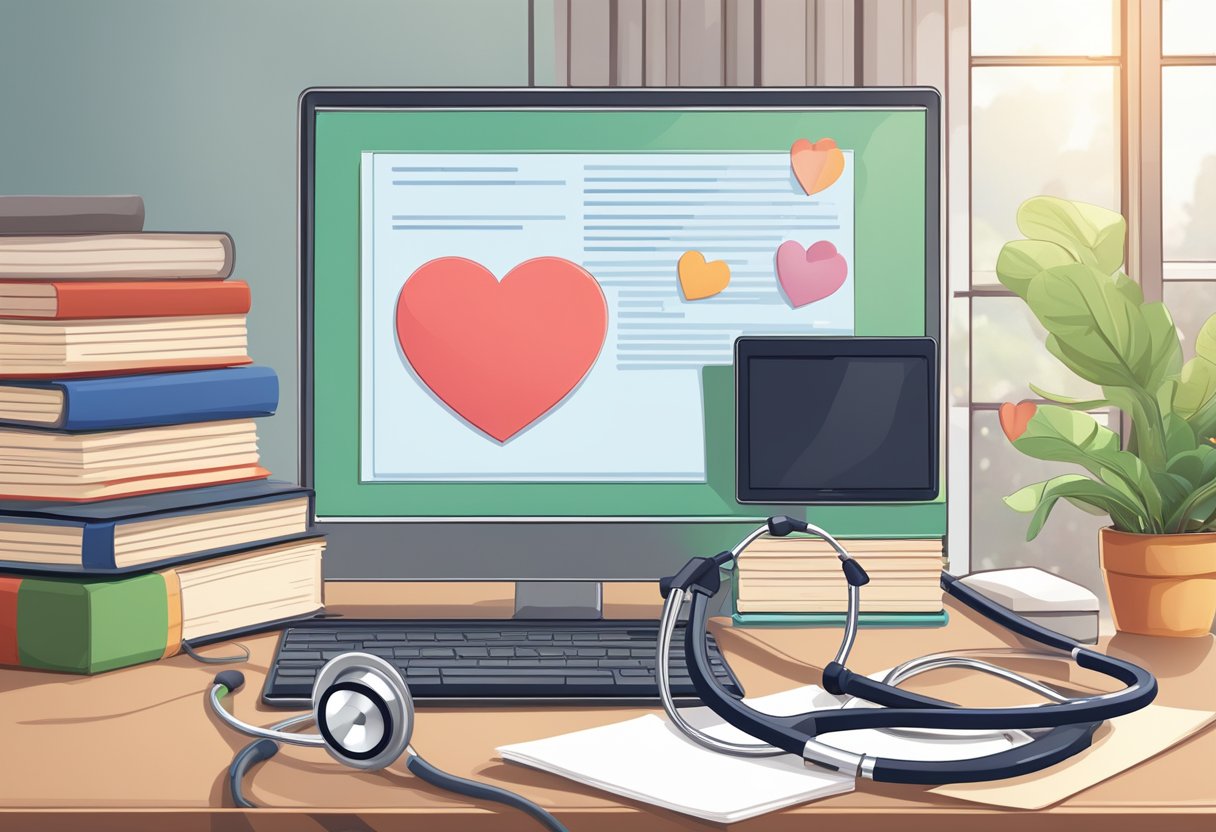 A stethoscope rests on a desk beside medical textbooks and a computer displaying heart images. A diploma hangs on the wall