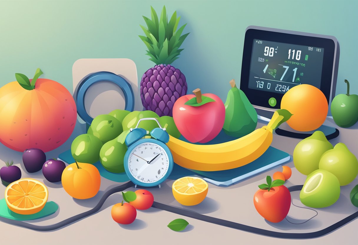 A vibrant scene of fresh fruits, vegetables, and exercise equipment, with a heart rate monitor showing improvement