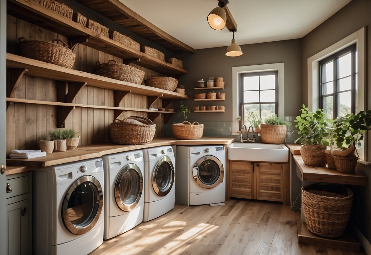 A spacious, well-organized rustic laundry room with wooden shelves, woven baskets, and vintage decor. A farmhouse sink and hanging drying rack complete the efficient and charming space