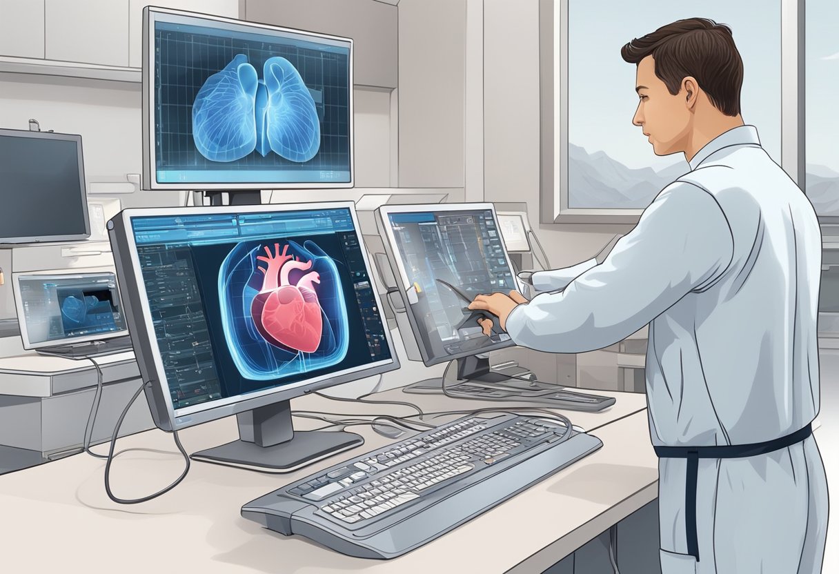 A technician operates an echocardiogram machine, capturing detailed images of a beating heart on the monitor