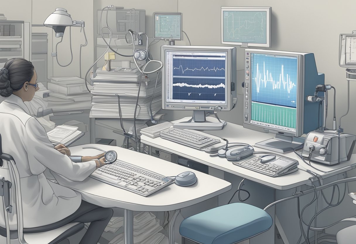 A white-coated figure studies a heart monitor, surrounded by medical equipment and textbooks. The path to becoming a cardiologist is depicted through images of stethoscopes, EKG machines, and medical charts