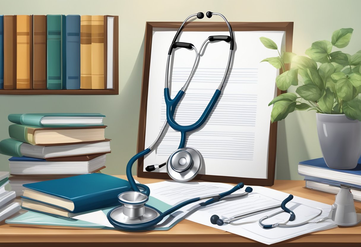 A stethoscope hangs over a desk cluttered with medical books and papers. A diploma from a prestigious medical school is framed on the wall