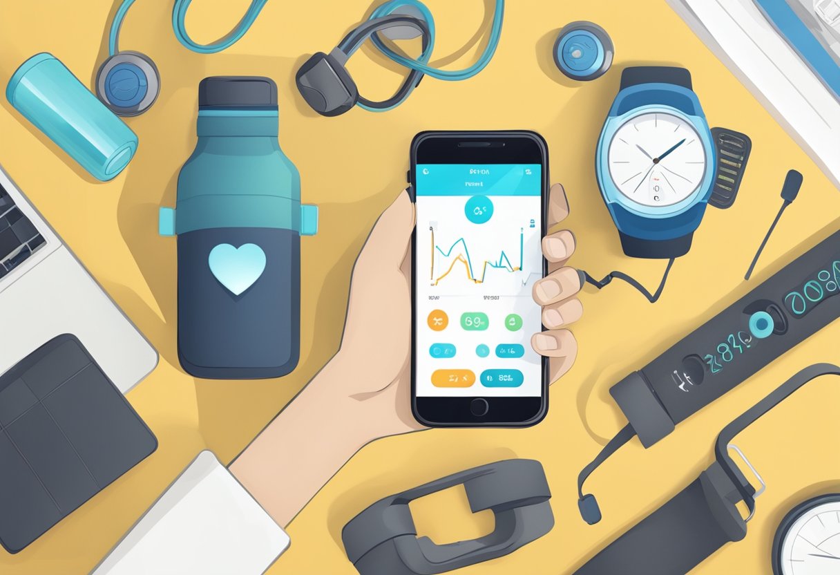 A fitness tracker with heart rate monitor displayed on a wrist, surrounded by workout equipment and a water bottle