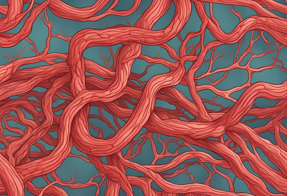 Bright red arteries clogged with plaque, causing restricted blood flow. High blood pressure and cholesterol levels. Stress and unhealthy lifestyle