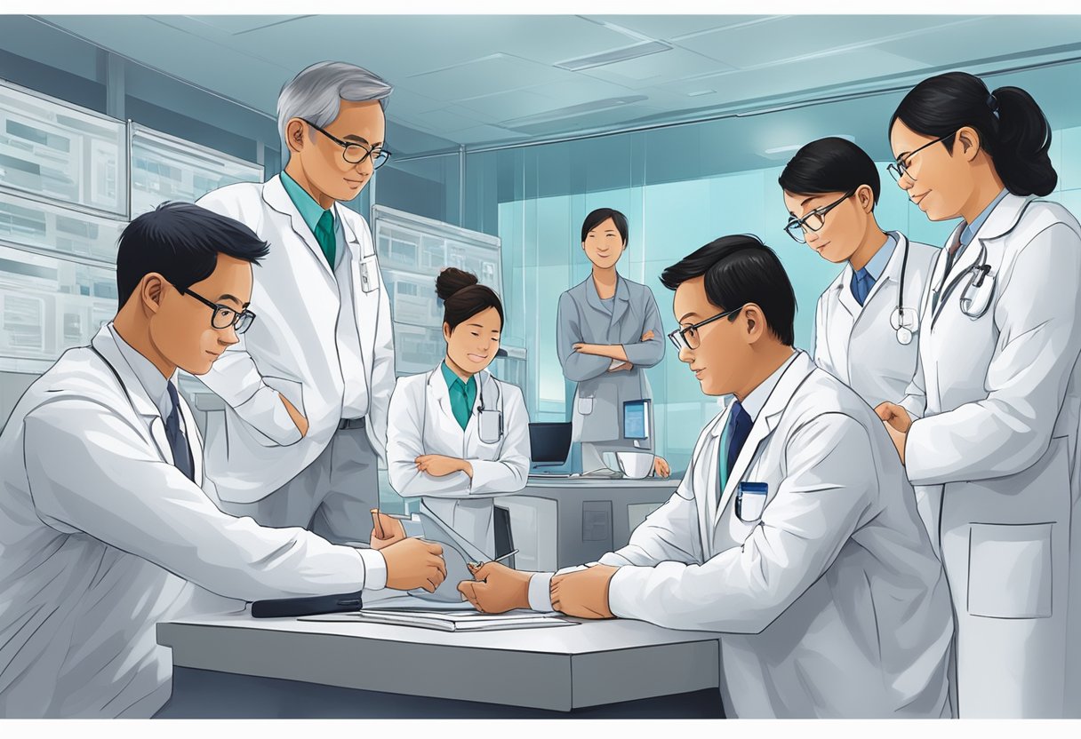 A group of professionals engage in research, education, and clinical practice at the Singapore Cardiology Society. The atmosphere is focused and collaborative