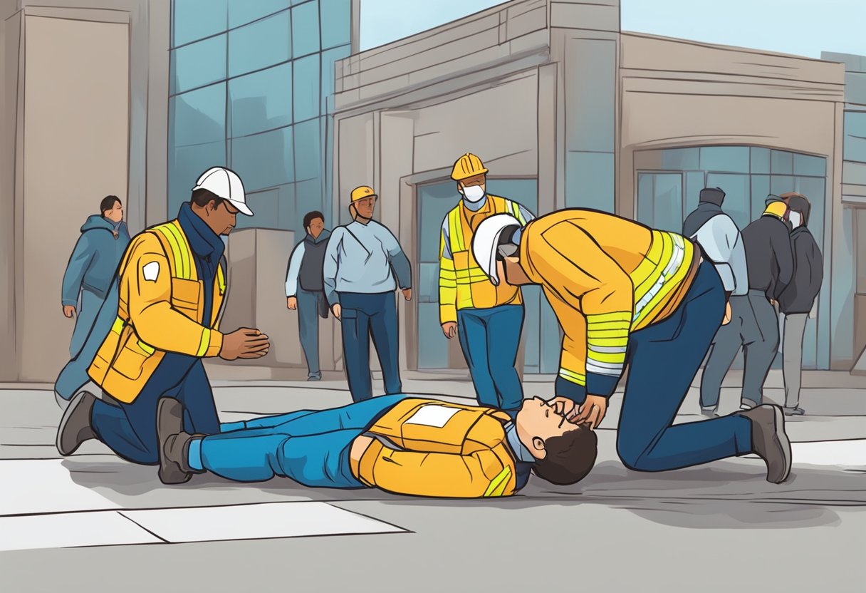 A person collapses, clutching their chest. A bystander calls for help and fetches an AED. Another bystander performs CPR until emergency services arrive