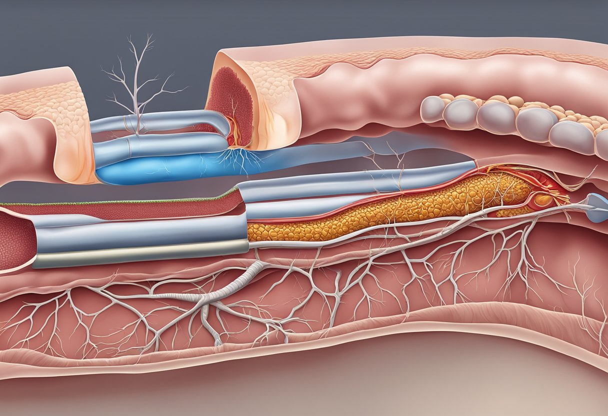 A narrow artery with plaque buildup, stent insertion to open blockage, blood flow restored