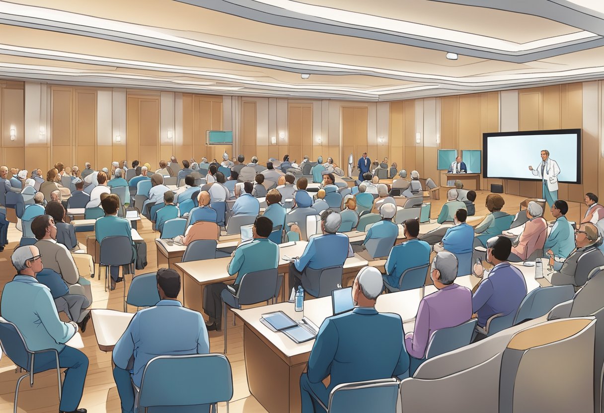 A bustling conference hall filled with cardiologists and medical professionals discussing the latest advancements in cardiology